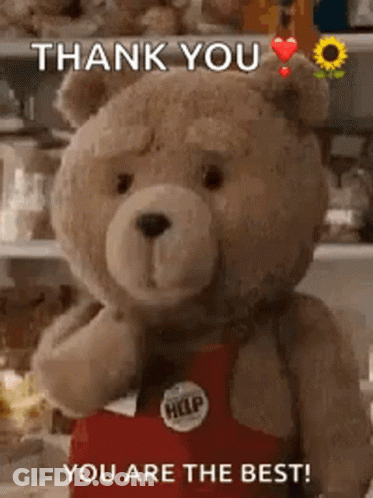 A Teddy Bear Is Wearing An Apron And Saying `` Thank You You Are The Best '' . GIF