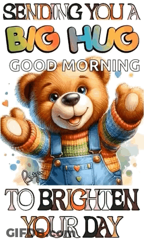 A Teddy Bear Is Wearing Overalls And A Sweater . GIF