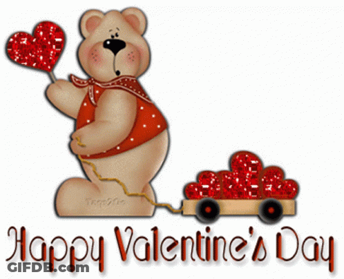 A Teddy Bear Pulling A Wagon Full Of Hearts With The Words Happy Valentine 'S Day GIF