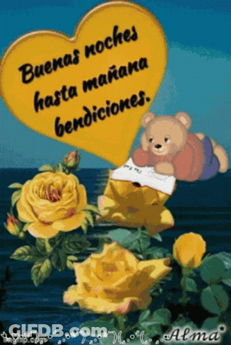 A Teddy Bear Reading A Book In Front Of A Yellow Heart That Says Buenas Noches Hasta Manana Bendiciones GIF