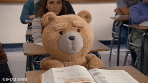 A Teddy Bear Sits At A Desk In A Classroom Reading A Book GIF