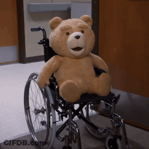 A Teddy Bear Sits In A Wheelchair In A Hospital GIF
