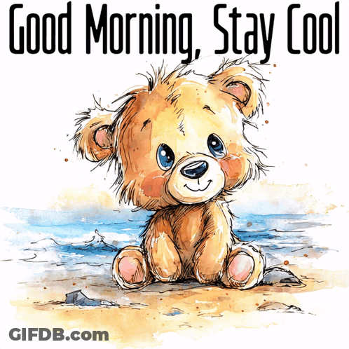 A Teddy Bear Sits On The Beach With The Words Good Morning Stay Cool GIF