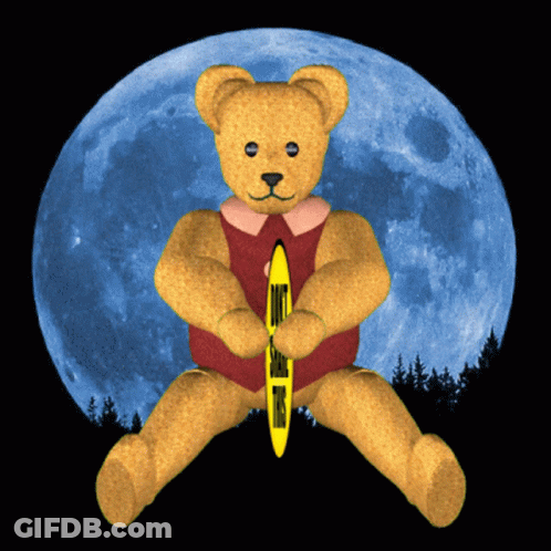 A Teddy Bear Sitting In Front Of A Blue Moon Holding A Surfboard GIF