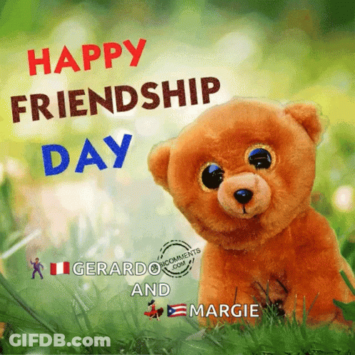 A Teddy Bear Sitting In The Grass With The Words Happy Friendship Day On It GIF