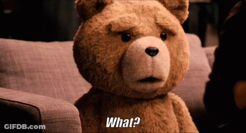 A Teddy Bear Sitting On A Couch With The Words What Written Below It GIF