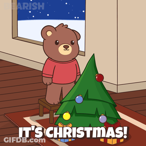 A Teddy Bear Standing Next To A Christmas Tree With The Words It 'S Christmas GIF
