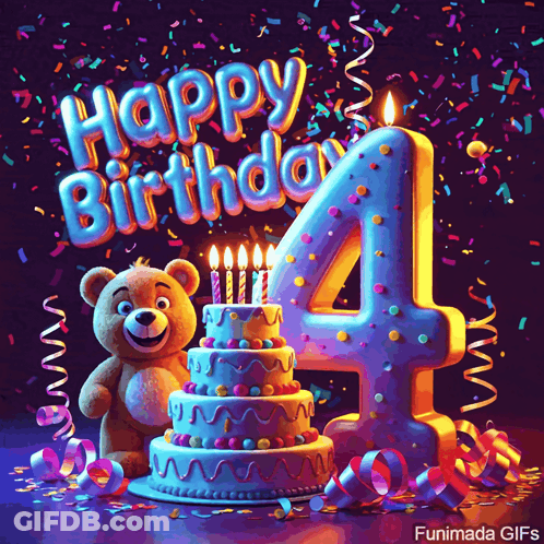 A Teddy Bear Stands Next To A Birthday Cake With Candles And The Number 4 GIF