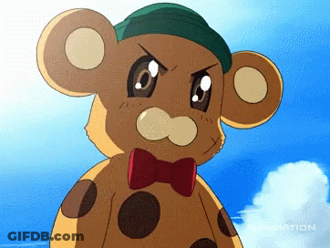 A Teddy Bear Wearing A Green Hat And A Bow Tie GIF