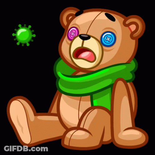 A Teddy Bear Wearing A Green Scarf And Buttons In Its Eyes GIF