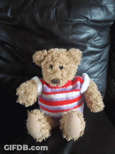 A Teddy Bear Wearing A Red And Purple Striped Sweater Sits On A Black Leather Couch GIF