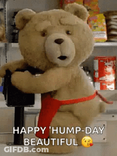 A Teddy Bear Wearing A Red Apron Is Hugging Another Teddy Bear And Says Happy Hump-Day Beautiful GIF