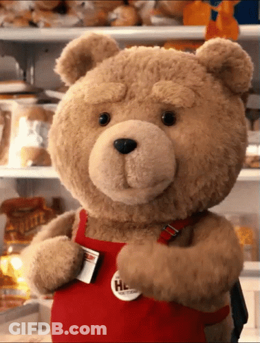 A Teddy Bear Wearing A Red Apron That Says Hed GIF