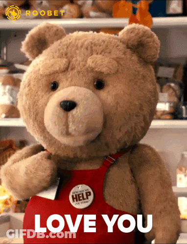Teddy Bear Wearing Red Apron With Help Button GIF