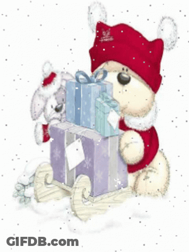A Teddy Bear Wearing A Red Hat And Scarf Is Holding A Sleigh Full Of Gifts GIF