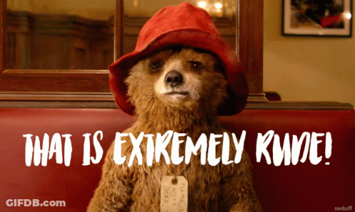 A Teddy Bear Wearing A Red Hat With The Words That Is Extremely Rude Written Below It GIF