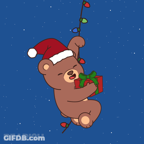 A Teddy Bear Wearing A Santa Hat Is Hanging From A String Of Christmas Lights GIF