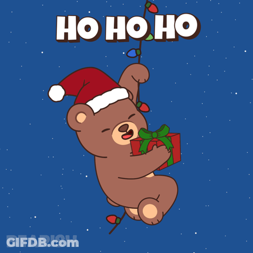 A Teddy Bear Wearing A Santa Hat Is Holding A Gift And A String Of Lights GIF