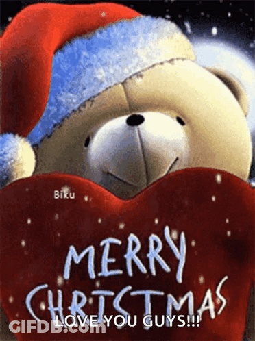 A Teddy Bear Wearing A Santa Hat Is Holding A Heart And Wishing Merry Christmas GIF