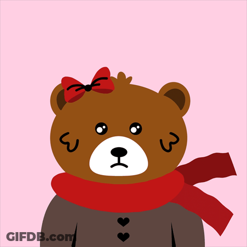 A Teddy Bear Wearing A Scarf And A Bow Says " Missing You " On A Pink Background GIF