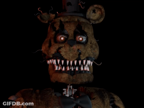 A Teddy Bear Wearing A Top Hat And A Bow Tie With Sharp Teeth GIF