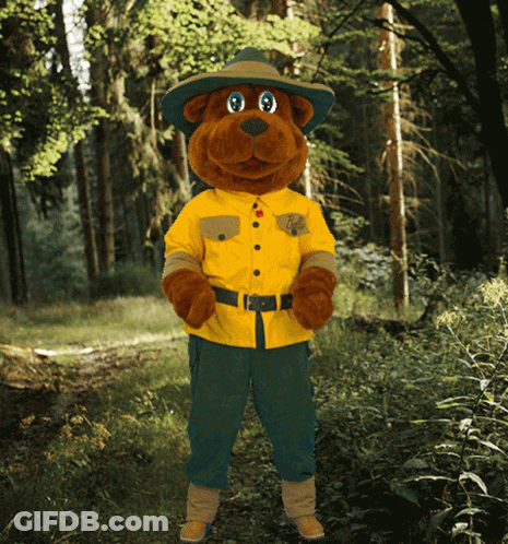 A Teddy Bear Wearing A Yellow Shirt And Green Pants GIF