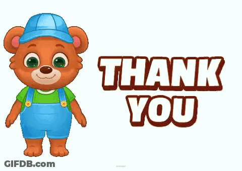 A Teddy Bear Wearing Overalls And A Blue Hat Says Thank You GIF