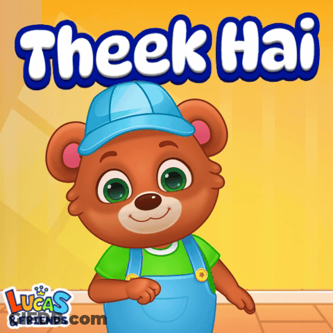 A Teddy Bear Wearing Overalls And A Blue Hat With The Words " Theek Hai " Written Above Him GIF