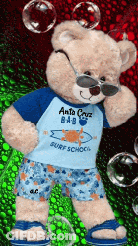 A Teddy Bear Wearing Sunglasses And A Shirt That Says Surf School GIF