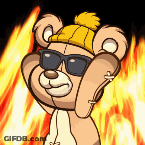 A Teddy Bear Wearing Sunglasses And A Yellow Hat Is Standing In Front Of Flames GIF