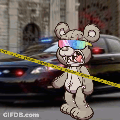 A Teddy Bear Wearing Sunglasses Is Standing In Front Of A Police Car Behind A Caution Tape GIF