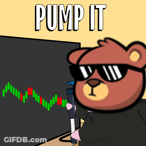 A Teddy Bear Wearing Sunglasses Stands In Front Of A Screen That Says Pump It On It GIF