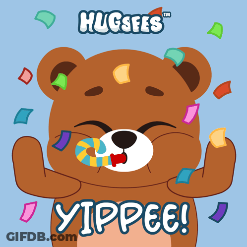 A Teddy Bear With A Candy Cane In Its Mouth Is Surrounded By Confetti And The Words Hugsfes Tm GIF