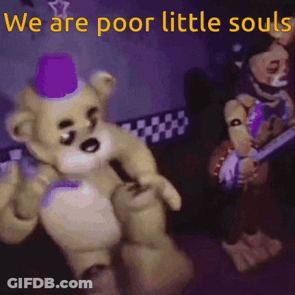 A Teddy Bear With A Purple Hat And The Words We Are Poor Little Souls Below It GIF