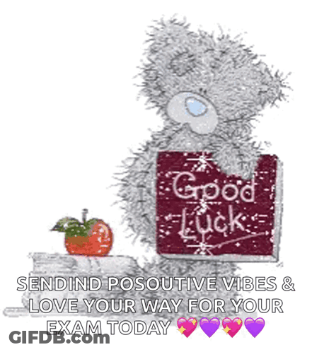 A Teddy Bear With A Sign That Says Good Luck GIF