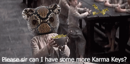 A Teddy Bear With A Snake Head Is Holding A Bowl Of Food With The Words Please Sir Can I Have Some More Karma Keys GIF