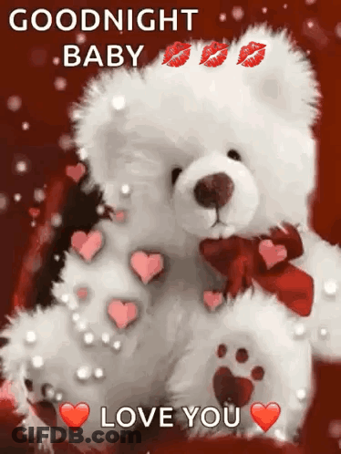 A Teddy Bear With Hearts And Kisses On It Is Sitting On A Red Background . GIF