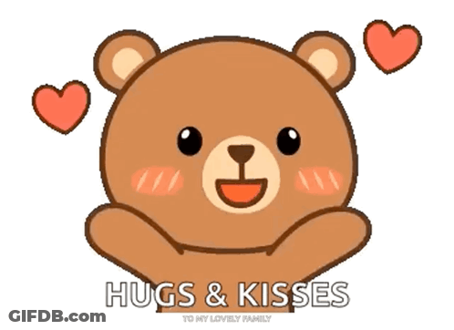 A Teddy Bear With Hearts Around It And The Words Hugs & Kisses GIF
