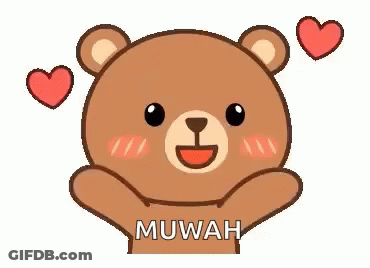 A Teddy Bear With Hearts Around It And The Words ` ` Muwah ` ` Written On It . GIF