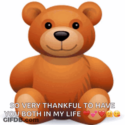 A Teddy Bear With Hearts On Its Paws And The Words So Very Thankful To Have You Both In My Life Below It GIF