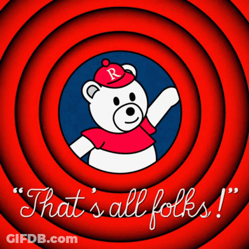 A Teddy Bear With The Letter R On His Hat Is Surrounded By Red Circles And The Words That 'S All Folks GIF