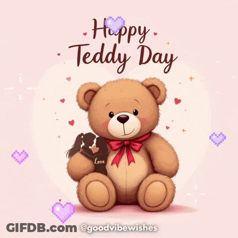 A Teddy Bear With The Words Happy Teddy Day Written Above It GIF