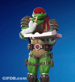 A Teenage Mutant Ninja Turtle Holding A Pizza Box With The Letter R On His Belt GIF