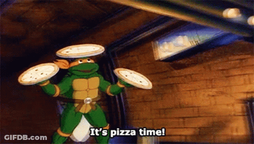 A Teenage Mutant Ninja Turtle Is Holding Three Pizzas And Saying It 'S Pizza Time .. GIF