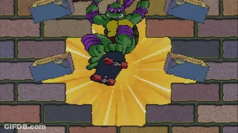 A Teenage Mutant Ninja Turtle Is Riding A Skateboard Through A Brick Wall GIF
