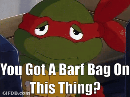 A Teenage Mutant Ninja Turtle With A Caption That Says " You Got A Barf Bag On This Thing " GIF