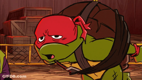A Teenage Mutant Ninja Turtle With A Red Headband On His Head GIF
