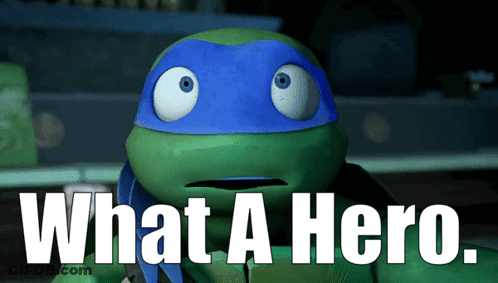 A Teenage Mutant Ninja Turtle With The Words What A Hero Below It GIF