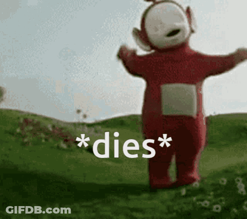 A Teletubbies Character Is Standing In A Field With His Arms Outstretched GIF