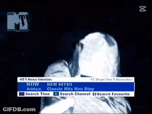 A Television Screen Shows A Ghostly Figure And Says New Hits GIF